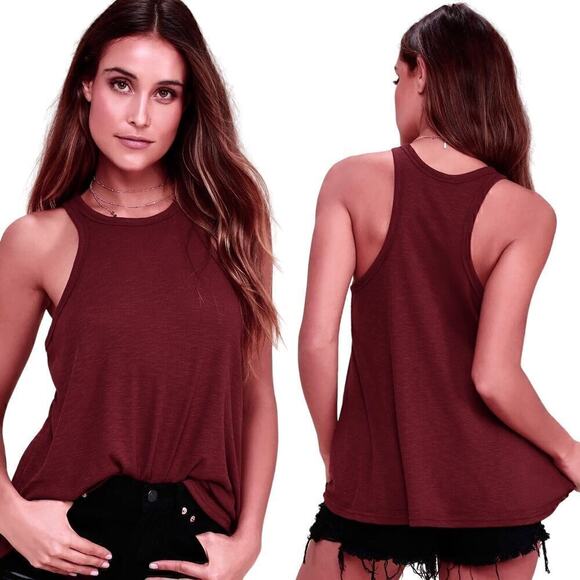 Free People Long Beach Tank Size XS Ribbed Burgundy Wine Red - Picture 1 of 7